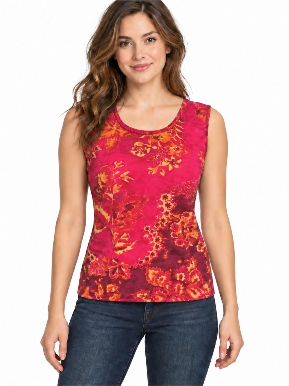 Boho statement Hot Pink Floral Ribbed Knit Sequin Detail Sleeveless Top